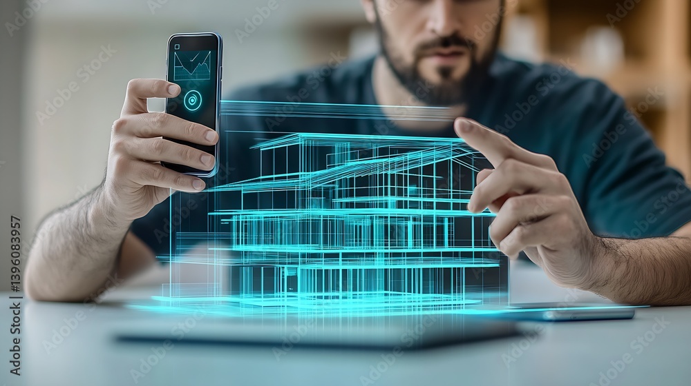 Poster Architect generating a 3D hologram of a building on smartphone showcasing advanced visualization techniques : Generative AI