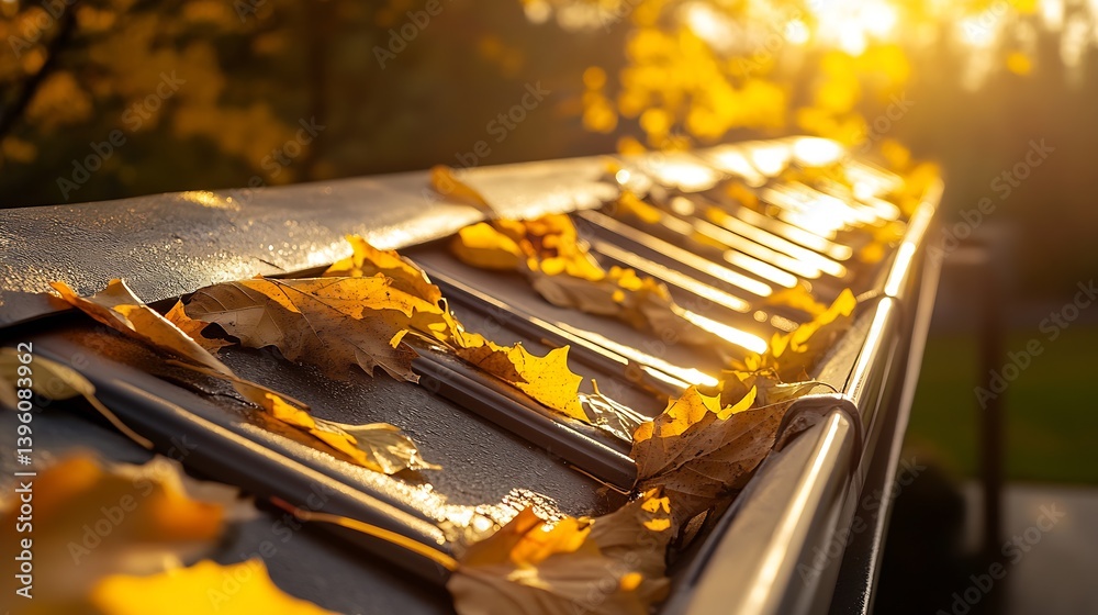 Poster golden autumn leaves resting gently on a rooftop in the soft light of a sunset evening : generative 
