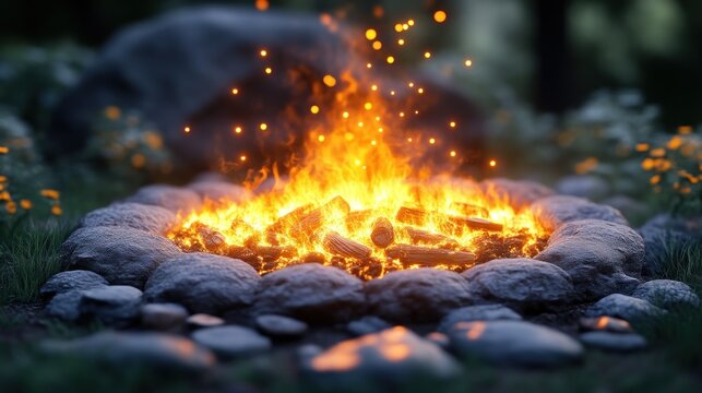 Warm Campfire Glowing in the Night Surrounded by Rocks and Natures Embrace Perfect for Outdo