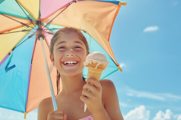 Smiling young girl holding ice cream cone while standing under colorful beach umbrella on sunny day near ocean with blue sky and clouds in background