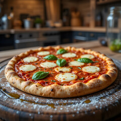 Delicious Homemade Pizza with Fresh Basil and Mozzarella.Close-up of a homemade pizza with a rich tomato sauce, creamy mozzarella cheese, and fresh basil leaves.