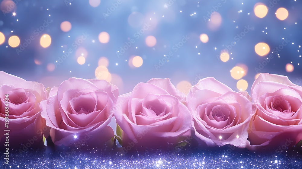 Poster stunning display of pink roses illuminated by sparkling lights against a soft bokeh backdrop for a r