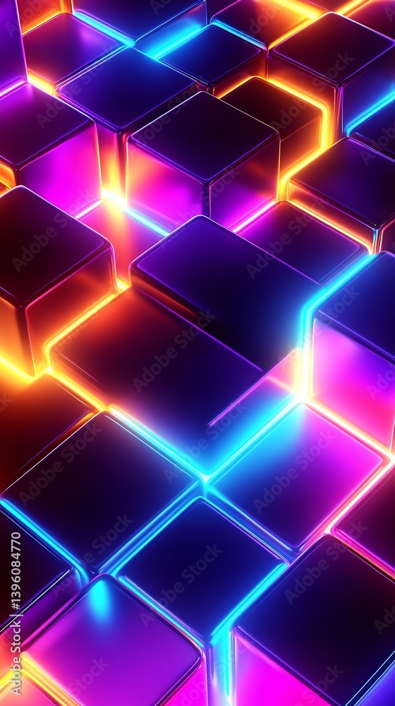 Poster Close Up View of Colorful Neon Blocks and Their Glowing Edges Creating a Dynamic Visual Experience : Generative AI