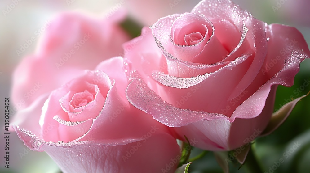Aufkleber gorgeous arrangement of pink roses with sparkling dew in soft natural light : generative ai