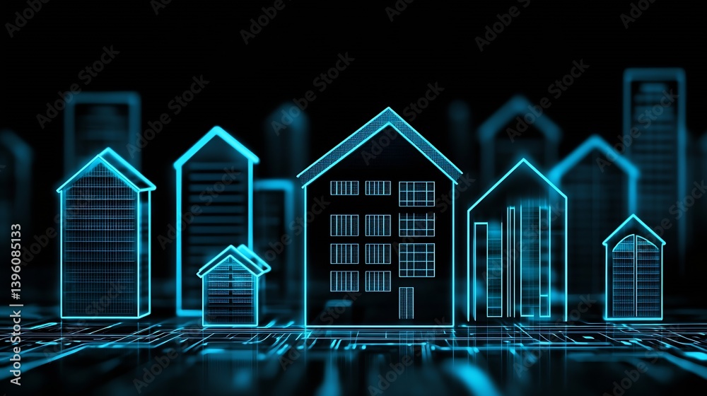 Poster Stylish digital rendering of various smart home models illustrated with glowing blue outlines : Generative AI