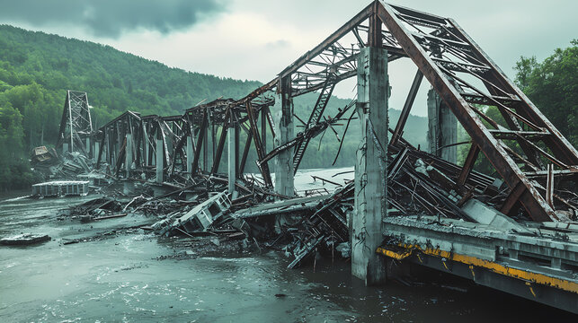 Destroyed bridge collapsing into river after natural disaster or war