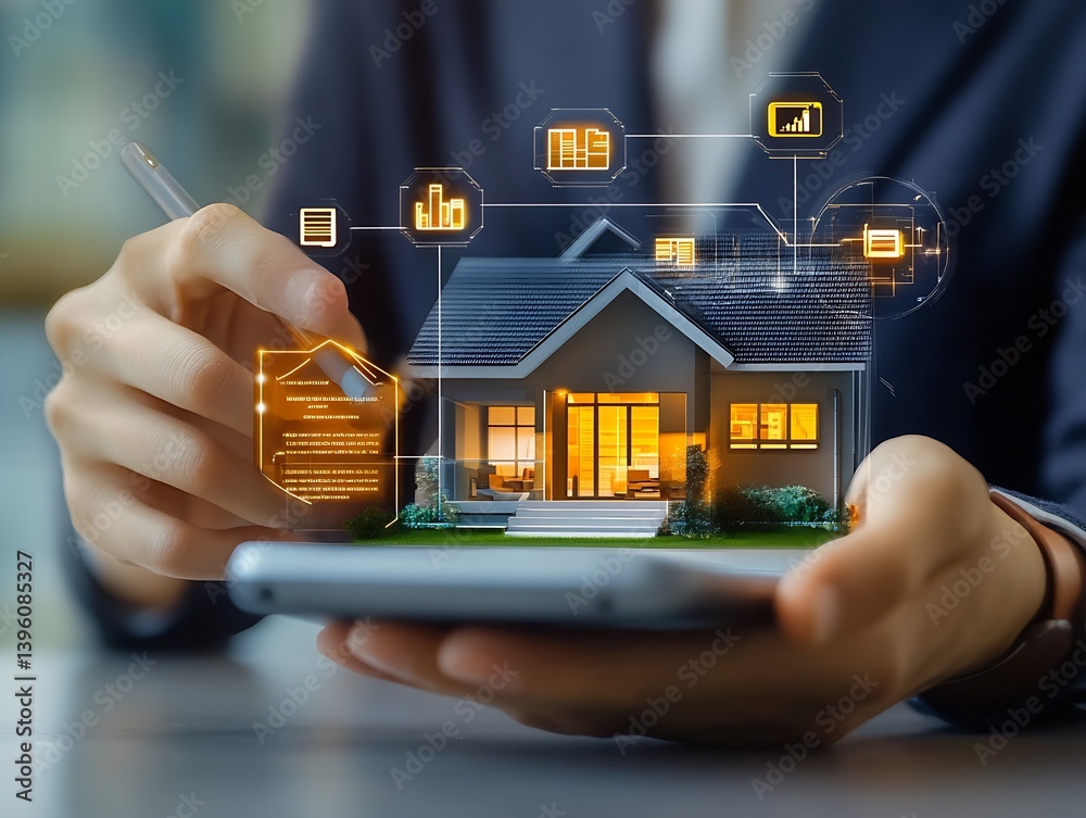 Poster Innovative concept of smart housing visualized through a mobile device in hands of person : Generative AI