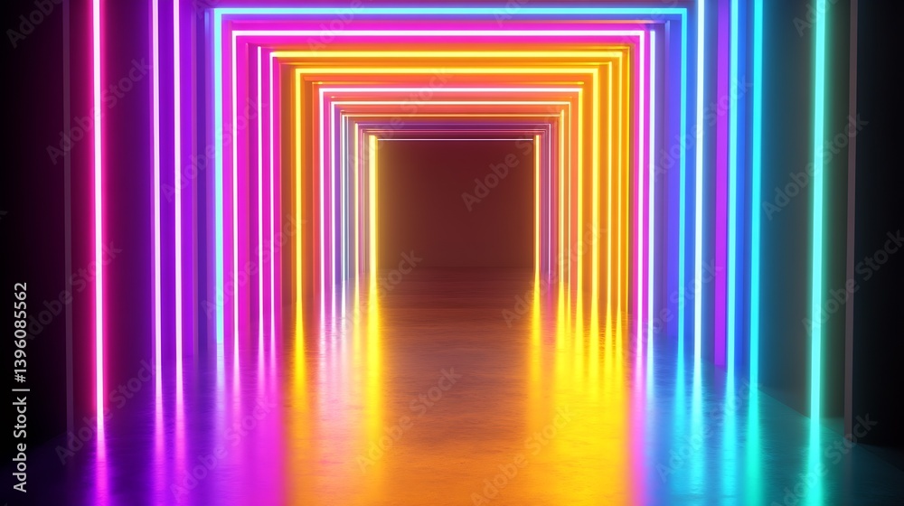 Poster Vibrant Neon Light Tunnel with Colorful Reflections Creating an Enthralling Visual Experience : Generative AI