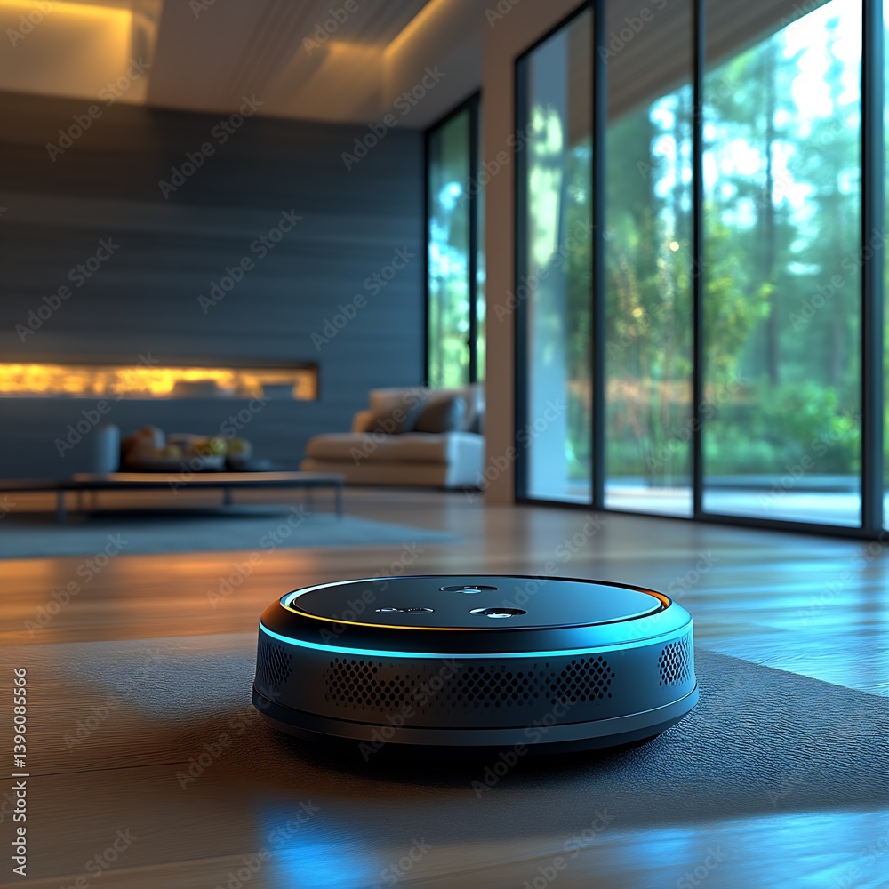 Poster Sleek Smart Assistant Device in Bright Living Space with Large Windows : Generative AI