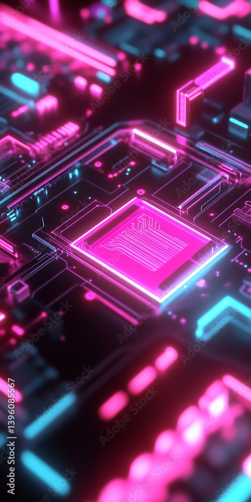 Poster Close-up of glowing neon circuit board highlighting intricate electronic patterns and designs : Generative AI