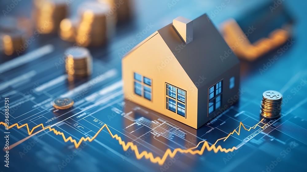 Fototapete Detailed View of a House Model with Coins and Line Graph Displaying Market Trends : Generative AI