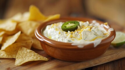 Authentic Mexican queso blanco dip a small clay bowl with melted white cheese green chilies and jalapeos served with crunchy tortilla chips