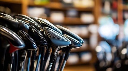 Obraz premium Variety of golf clubs beautifully arranged on display in a cozy golf pro shop with a blurred background : Generative AI