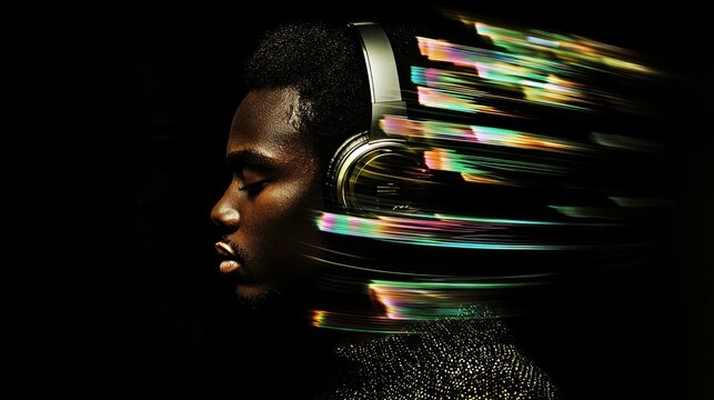 a Black man in oversized headphones, long exposure waveform, drum and bass, a glowing waveform snaking through his translucent skull. 
