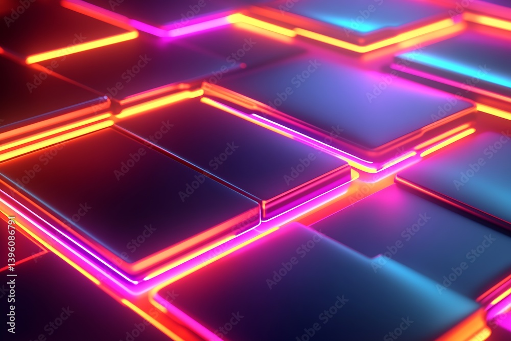 Fototapete Vibrant glowing neon tiles in a modern futuristic design setup for dynamic backgrounds : Generative AI