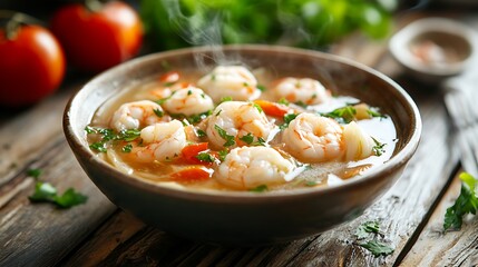 A bowl shrimp dumpling soup placed on a rustic wooden table, steam rising gently from the hot broth, creating a warm, inviting atmosphere.