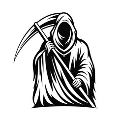Grim Reaper in Hooded Cloak Holding Scythe, Black and White Silhouette, Halloween Theme