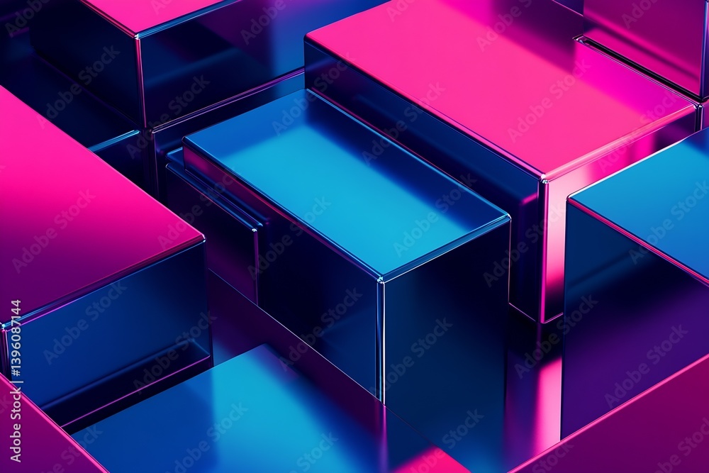 Aufkleber Close-up of dynamic shiny blocks in a blend of pink and blue tones creating a modern aesthetic : Generative AI