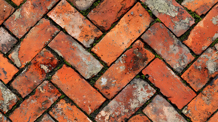 Herringbone pattern of weathered red bricks with growing moss