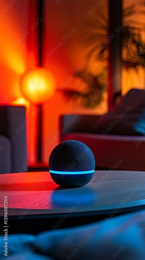 Aufkleber stylish smart speaker with blue lighting on a table in a contemporary setting : generative ai
