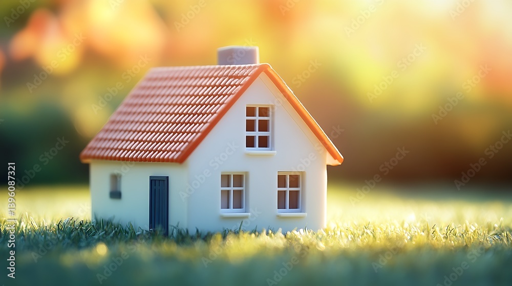 Poster beautiful miniature house displayed on grass with soft focus background and warm light : generative 