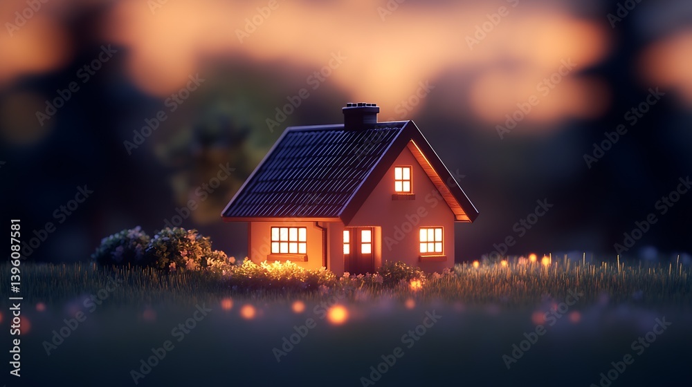 Aufkleber captivating miniature house illuminated by evening light with a serene garden ambiance around it : g