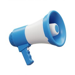 A blue and white megaphone isolated on a white background