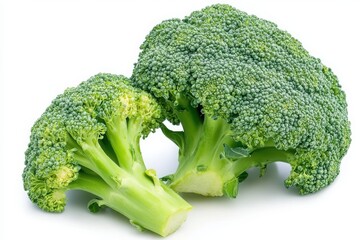 Close up of two vibrant green broccoli florets on a plain backdrop isolated on white background