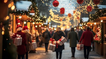 Christmas shopping rush lively holiday market with people carrying wrapped gifts glowing festive lights and joyful winter spirit