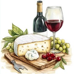 cheese mozzarella and wine in vintage style, watercolor