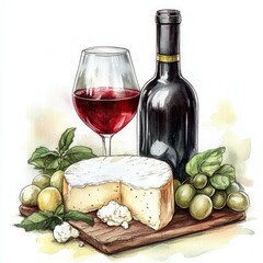  cheese mozzarella and wine in vintage style, watercolor