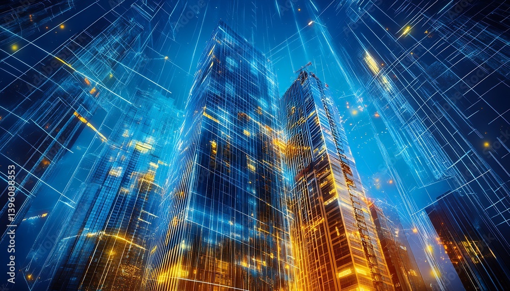 Poster futuristic city skyline with glowing lights and skyscrapers in a digital universe : generative ai