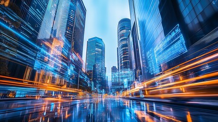 Impressive modern cityscape showcasing blurred lights and architectural brilliance in a bustling urban environment : Generative AI