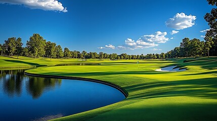 Breathtaking Golf Course Panorama with Smooth Fairways and Calm Waters Mirroring the Beautiful Sky : Generative AI