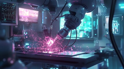Advanced robotic arm engaging in precision work, creating vivid sparks in a high-tech laboratory filled with screens and holographic displays