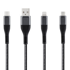 Black cable for charging and synchronization with Type - C, USB, Micro USB, Lightning connectors on a white isolated background close-up