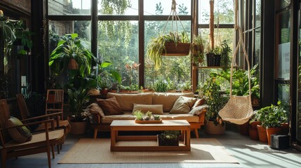 An indoor sunroom filled with lush green plants and relaxing furniture