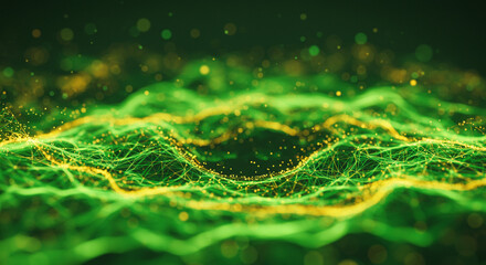 A vibrant green and gold energy field pulsating with life, a mesmerizing dance of light and connection in a dark, deep space.