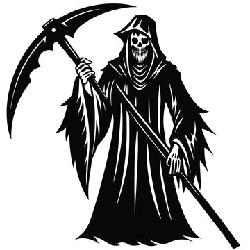 recommend clip art: Silhouette Death Grim Reaper with Scythe, Skeleton Hands, Black and White Emblem