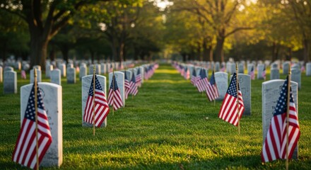 Naklejka premium A cemetery filled with rows of headstones and american flags on a bright sunny day in the united states