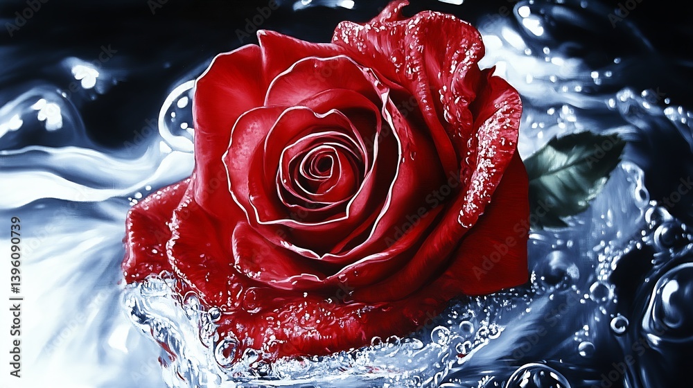 Poster captivating image of a glowing red rose surrounded by bubbles and sparkling water evoking feelings o