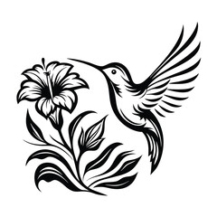 Hummingbird Silhouette with Hibiscus Flower, Floral Design, Bird with Open Wings
