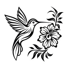 Isolated Hummingbird with Open Wings Flying Near Flower, Black and White Line Art
