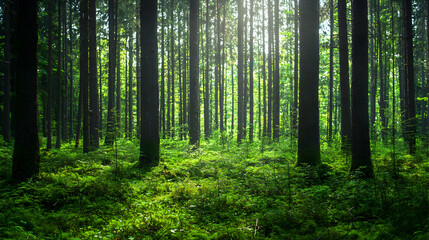 Obraz premium Sunlight Filtering Through Lush Green Forest