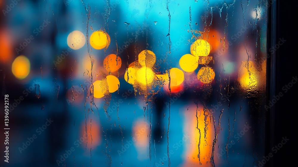 Aufkleber beautiful bokeh lights blur through a rain splattered window creating a cozy urban atmosphere : gene
