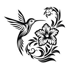 Hummingbird and Floral Design Black Silhouette of Bird with Flower Element on White