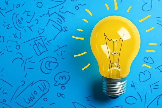 Yellow light bulb on blue paper  a minimalist illustration symbolizing creativity and ideas