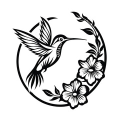 Hummingbird Flying with Floral Circle, Black Silhouette, Bird in Motion, Flower Details