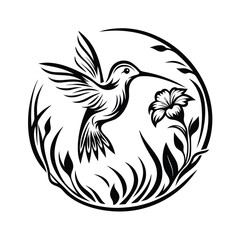 Hummingbird Flying Near Flower, Silhouette Design With Rounded Floral Element 87