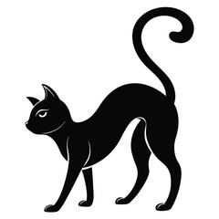 Black Cat Silhouette, Arched Back, Curled Tail, Feline, Pet, Simple, Elegant, Minimalist